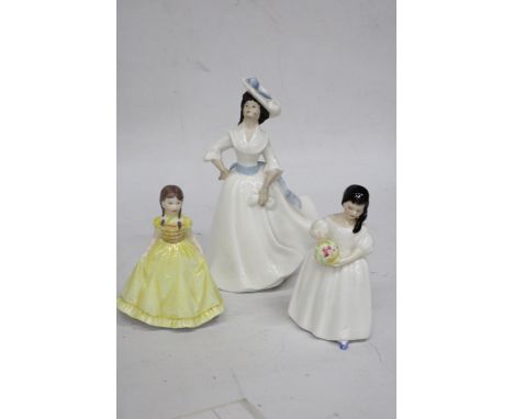 THREE ROYAL DOULTON FIGURES TO INCLUDE A LARGE MARGARET HN 2397 PLUS TWO SMALLER, MANDY HN 2476 AND A ROYAL WORCESTER PARTY D