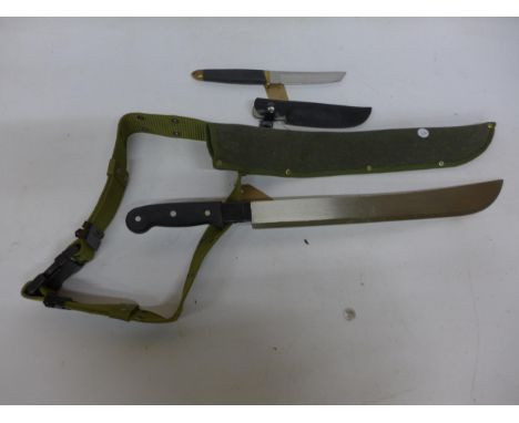 A 20TH CENTURY MACHETE AND SCABBARD, 46CM BLADE, FURTHER KNIFE AND SCABBARD, 15CM BLADE 