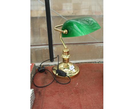 A VINTAGE BRASS BANKERS LAMP WITH GREEN GLASS SHADE 