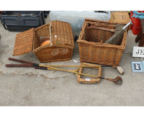 A WICKER FISHING TACKLE BOX, A WICKER HAMPER AND THREE VINTAGE SPORTS ITEMS ETC 