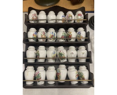 A LARGE COLLECTION OF DAVENPORT CHINA LIMITED EDITION SPICE JARS IN WOODEN SPICE RACK (24 IN TOTAL) 