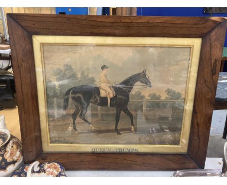 A VINTAGE FRAMED PRINT OF A RACEHORSE, 'THE QUEEN OF TRUMPS' 