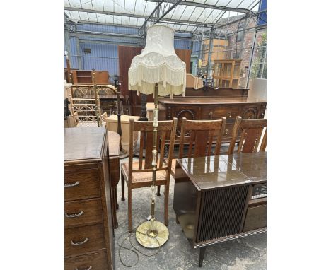 AN ONYX AND BRASS STANDARD LAMP WITH SHADE 