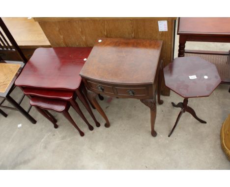A SMALL WALNUT SIDE-TABLE, TRIPOD WINE TABLE AND NEST OF THREE TABLES 