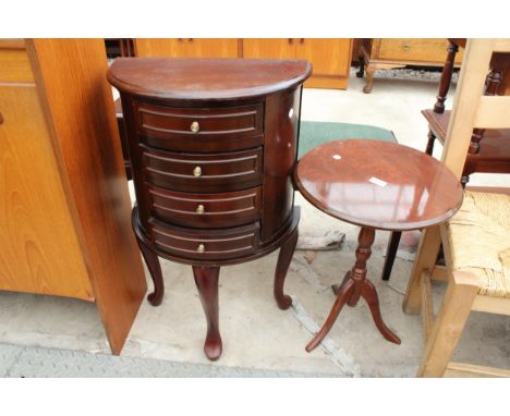 A TRIPOD WINE TABLE AND SMALL BOW FRONTED CHEST OF FOUR DRAWERS 