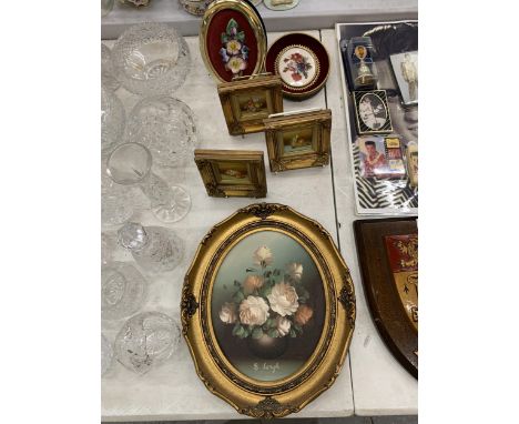 FOUR OIL PAINTING STILL LIFE STUDIES, ONE LARGE AND THREE SMALL IN GILT FRAMES, PLUS A FLORAL TAPESTRY PLAQUE, ETC 