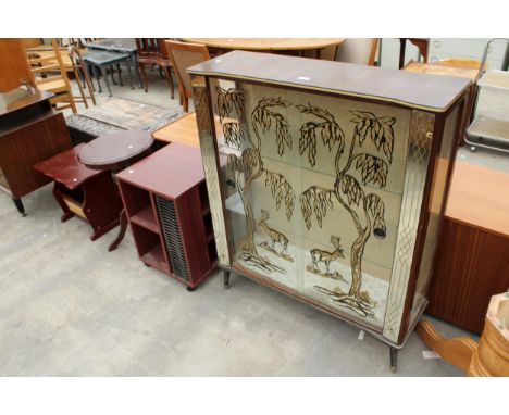 A MID 20TH CENTURY TWO DOOR GLAZED CHINA CABINET WITH PAINTED DEER AND TREES TO DOORS, MAGAZINE RACK, CD RACK AND TRIPOD TABL