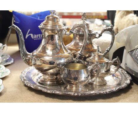 A VINTAGE ONEIDA USA SILVER PLATE TEAPOT, COFFEEPOT, SUGAR AND CREAMER ON TRAY 