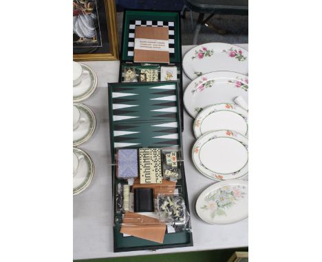 TWO TRAVEL GAME SETS TO INCLUDE BACKGAMMON, CHESS, CRIBBAGE, DOMINOES, CHECKERS AND POKER 