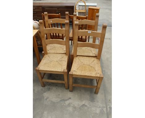 A SET OF FOUR LADDER BACK RUSH SEATED DINING CHAIRS 
