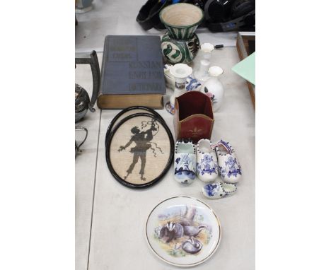 A MIXED LOT TO INCLUDE SILHOUTTE TAPESTRY WALL PLAQUES, BLUE AND WHITE CERAMIC CLOGS, A STUDIO POTTERY VASE, RUSSIAN ENGLISH 