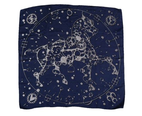 Hermes, Cheval Fusion, a silk scarf, designed by Dimitri Rybaltchenko, in navy blue and grey tones, with rolled edges, 90cm x
