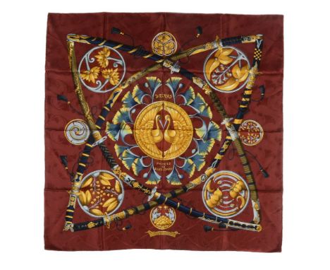 Hermes, Daimyo Princes Du Soleil Levant, a silk scarf, designed by Françoise Façonnet, the textured silk twill in burgundy wi