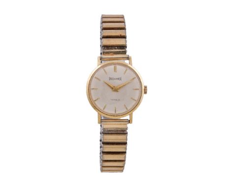 Precimax, ref. 5358, an 18 carat gold wristwatch, no. 90312, Swiss manual wind movement, 17 jewels, silvered dial, applied ba