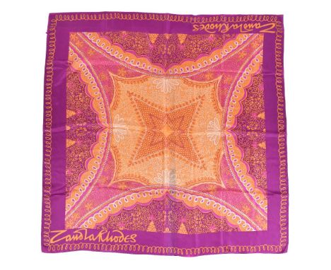Zandra Rhodes, a purple, pink and orange silk scarf, of abstract design, 106cm wide