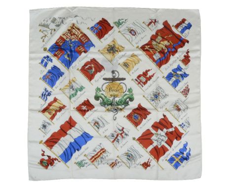 Hermes, Pavois, a silk scarf, designed by Philippe Ledoux, with coloured flags upon a cream ground, with rolled edges, 90cm x