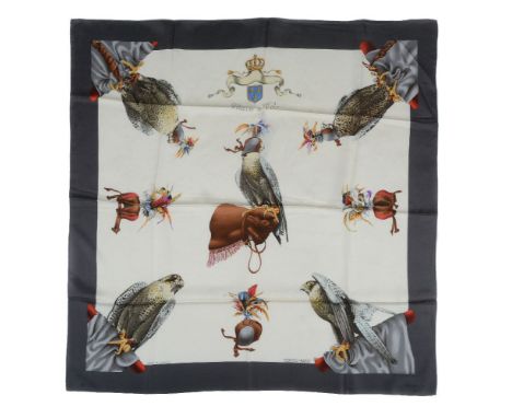 Hermes, Chasse a Vol, a silk scarf, designed by Henri De Linares, with falcons on a cream ground, with grey border, with roll
