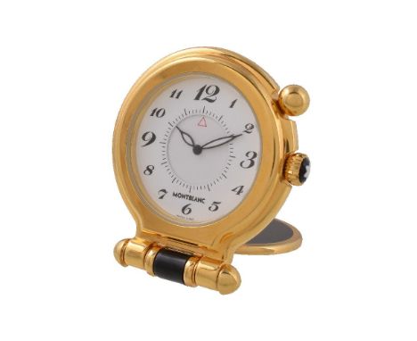Montblanc, ref. AL1150152, a gilt metal travel alarm clock, Swiss quartz movement, ref. 677.992, white dial, Arabic numerals,