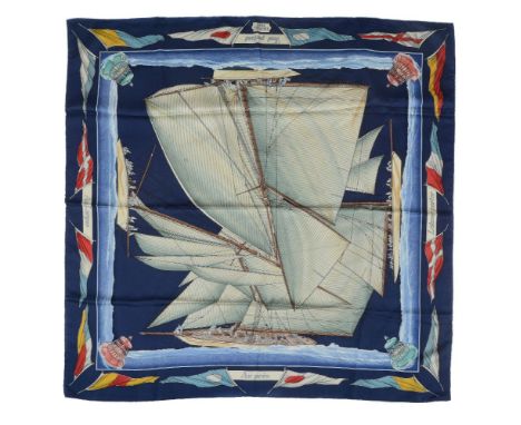 Hermes, Vent Portant, a silk scarf, designed by Yannick Manier, with four interlocking sail ships upon a blue ground, with ro