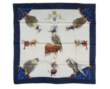 Hermes, Chasse a Vol, a silk scarf, designed by Henri De Linares, with falcons on a cream ground, with navy blue border, with