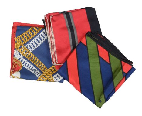 Hermes, Maillons, a silk scarf, designed by Caty Latham,The scarf has a pull  with a red border, the blue centre printed with