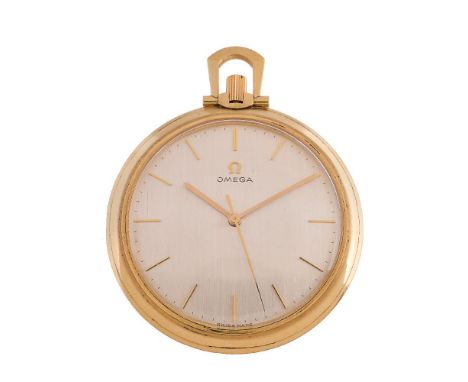 Omega, an 18 carat gold keyless wind open face slim line pocket watch, no. 1705, lever movement, 17 jewels, adjusted to 2 pos