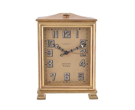 Zenith, a gilt metal desk clock, no. 8538, Zenith 8 day alarm movement, gilt dial, luminous Arabic numerals, luminous blued s