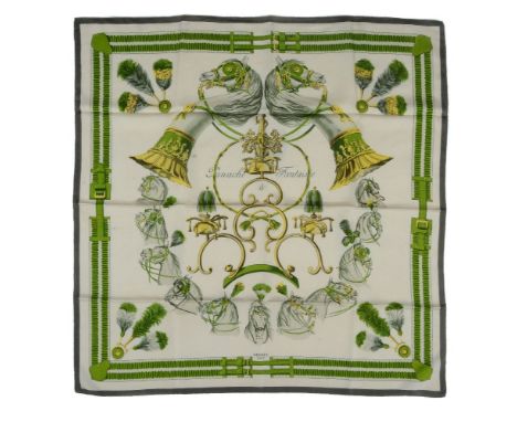 Hermes, Panache & Fantaisie, a silk scarf, in cream, green, yellow and grey, designed by Hugo Grygkar, with rolled edges, 86c