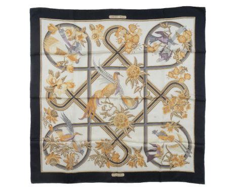 Hermes, Caraibes, a silk scarf, designed by Christiane Vauzelles, with exotic birds upon a cream ground with black border, wi