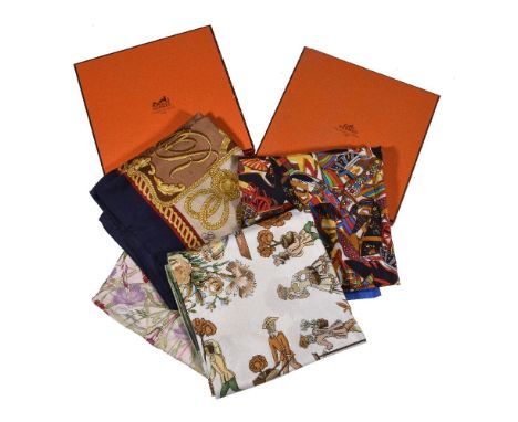 A collection of scarves, to include: Hermes, Les Jardiniers Du Roy, a silk scarf, with a green border, printed with gardeners
