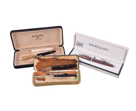 Aurora, 88, a black fountain pen, the gilt metal cap with a clip and reeded decoration, the fine nib stamped 14K, cartridge f