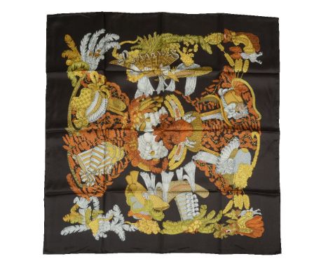 Hermes, Chapeau!, a silk scarf, designed by Annie Faivre, in orange, gold, grey and pinks on a brown ground, with rolled edge