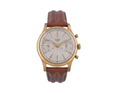 Heuer, ref. 3645S, a gold plated chronograph wristwatch, no. 45344, circa 1960, manual wind movement 17 jewels unadjusted, ca