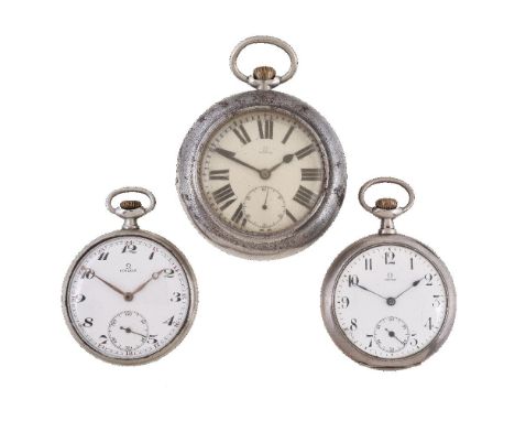 Omega, a white metal keyless wind open face pocket watch, no. 7869741, lever movement, 15 jewels, adjusted to two positions, 