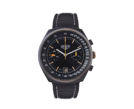 Heuer, Ref 12 ‘Big Shield’, a base metal, black PVD coated chronograph wristwatch, circa 1977, manual wind movement, 17 jewel