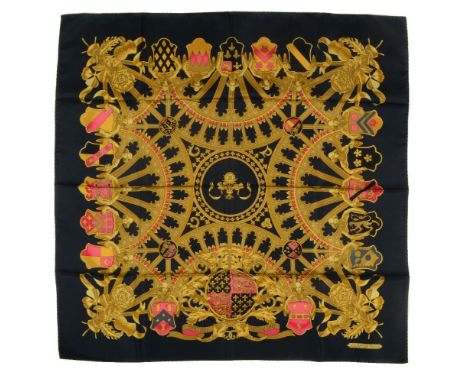 Hermes, British Heradary, a silk scarf, designed by Vladimir Rybaltchenko, in black colour way with gold, red and grey, rolle