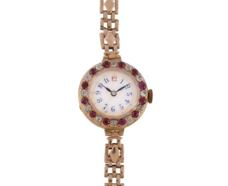 A lady's gold coloured gold, ruby and diamond bracelet wristwatch, no. 29517, manual wind movement, 17 jewels, cal. P220, whi