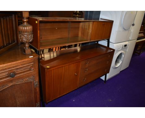 A vintage atomic styled side board unit by Nathan having blue badge ribbed drawer set and over cupboards 140cm Long, 130cm ta