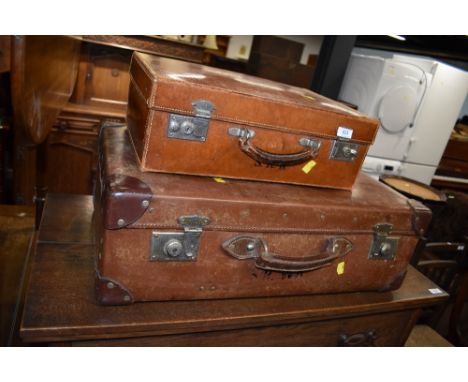 Two vintage leather bound travel trunk or suitcase initialled S.R.W