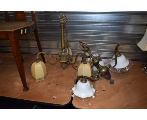 Two vintage brass ceiling light fittings with glass shades