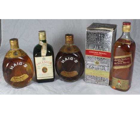 Two 1960s bottles of Haig's Dimple Scotch Whisky, gold foil spring cap, wires intact, together with a bottle of Dewar's Ances