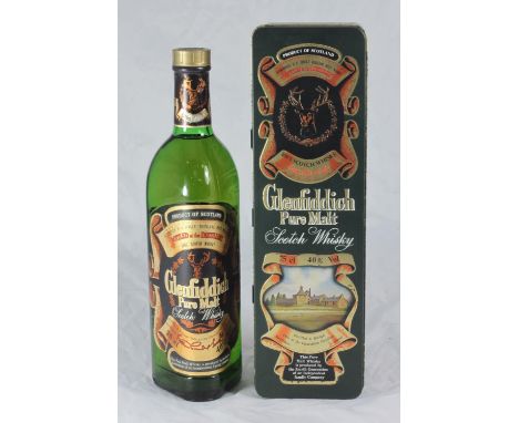 A bottle of Glenfiddich 'Pure Malt' Scotch Whisky, in branded retail tin 