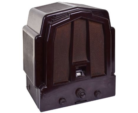 A good Ekco type RS2 AC wireless receiver,1931, The 'Odeon' set, with original speaker cloth, in lightly mottled brown bakeli