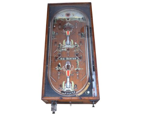 A Big-Bertha coin-operated horizontal bagatelle machine,1934, on 3d. play, With two large gun models, cannon-row and shaped b