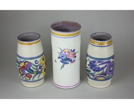 Two similar Carter Stabler Adams Poole Pottery vases, together with another cylindrical Carter Stabler Adams Poole Pottery va