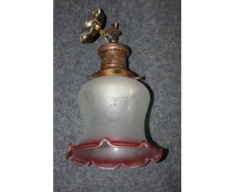 An Art Nouveau style ceiling light fitting with etched opaque glass shade with pink edge, 35cm, (a/f - must be tested by an e