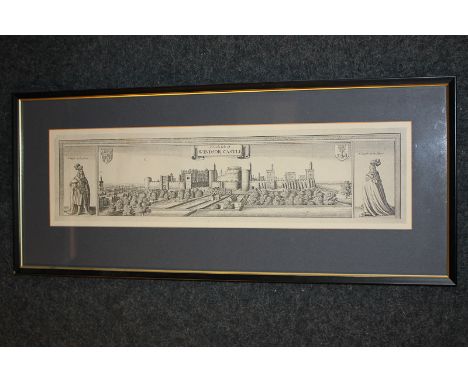 After Wenceslaus Hollar, a view of the south side of Windsor Castle flanked by two knights, print, 14cm by 52.5cm (TG)