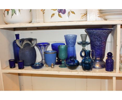 A collection of blue glass vases, assorted shapes and styles, jug, perfume bottle, candlestick, goblet, etc (16)