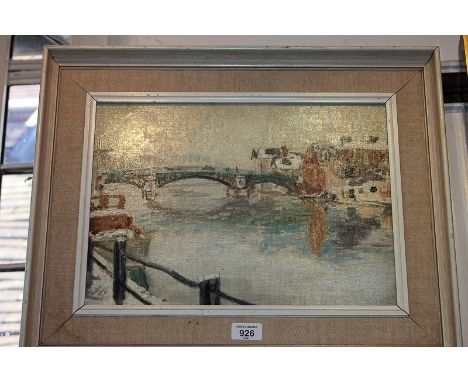 R Fran Sutton (b.1912), view of a bridge across the Thames, with city beyond, "Freezing February, Windsor", oil on board, lab