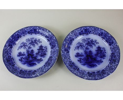 A pair of late 19th/early 20th century flow blue plates decorated in the Chinese style with pagodas, marked Perano W R, 24cm 